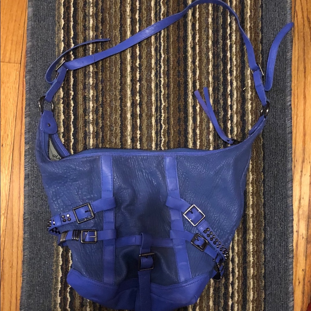 Ash blue leather studded hobo bag